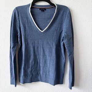 Tommy Hilfiger Blue V-Neck Pointelle Knit Sweater Size Medium